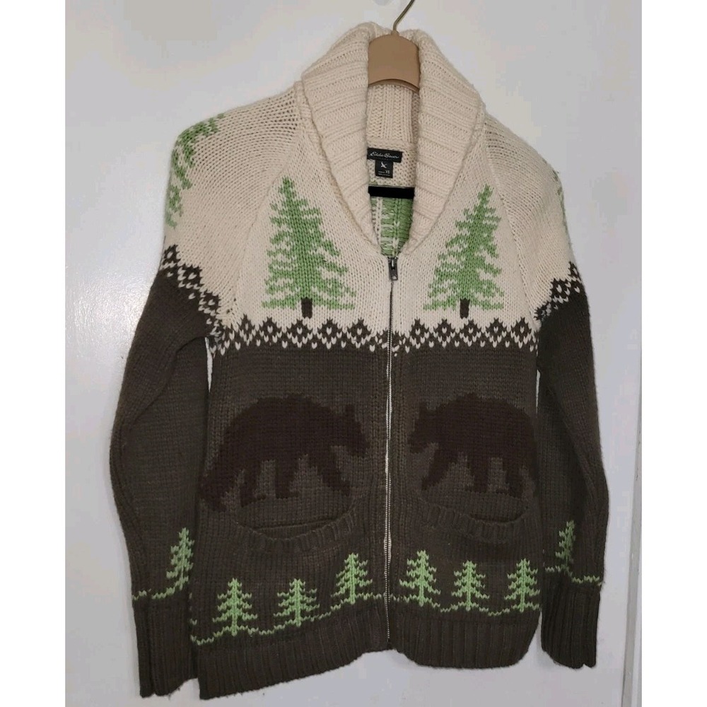 Eddie Bauer Sweater Womens XS Full Zip Cardigan Bear Pine Tree Wool Fair Isle